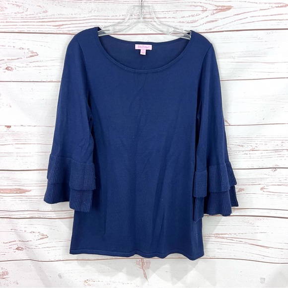 Lilly Pulitzer Navy Blue Clare Ruffle Belle Sleeve Super Soft Sweater - Picture 2 of 6